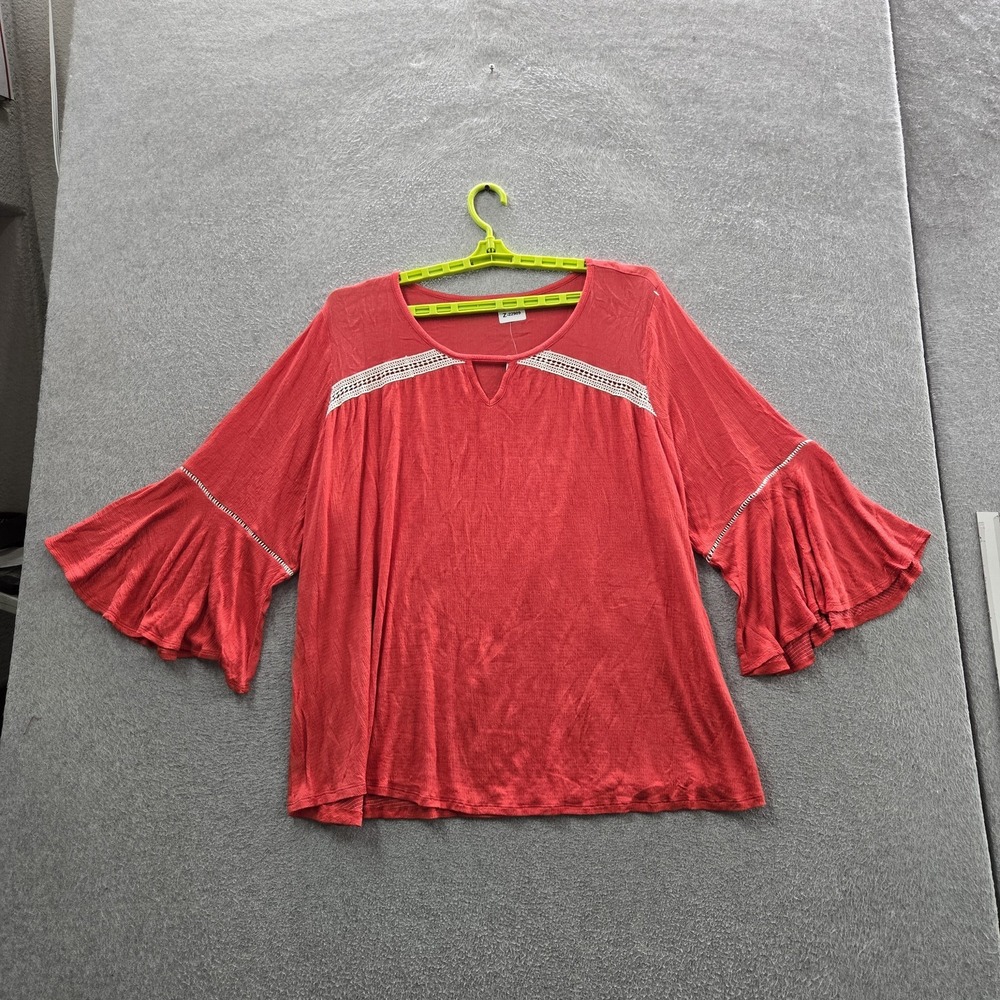Avenue Women Blouse 30/32 Red Bell Sleeve Lace V-Neck Pullover NWT
